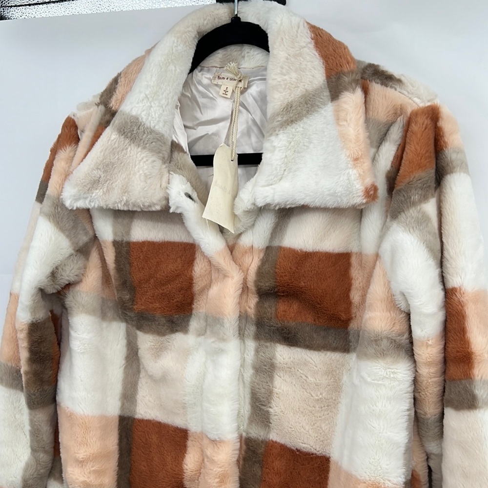 🆕Hem & Thread Fleece Jacket Plaid Colorblock Cream Orange Brown Lined Restocked - Picture 3 of 15